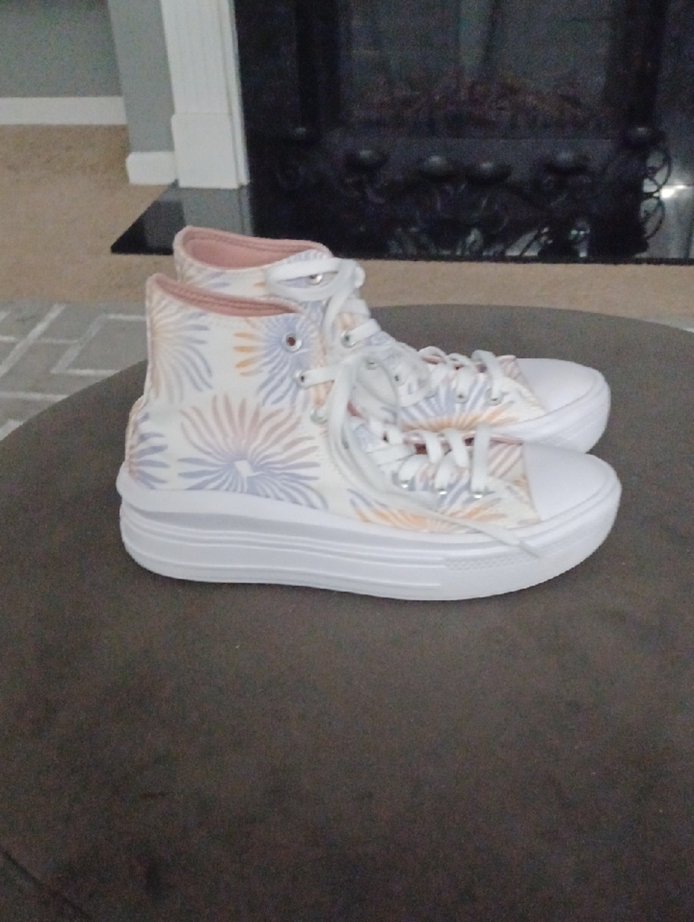 High-Top Floral Print Platform Sneakers - White with Pastel Accents.